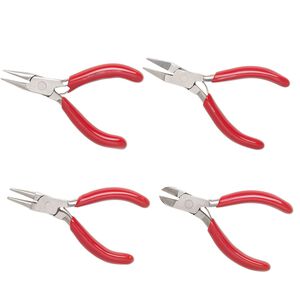 Pliers set, EUROTOOL&reg;, chain-nose / flat-nose / round-nose / side-cutter, stainless steel and PVC, red, 3 inches. Sold per 4-piece set.