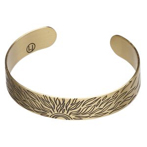 Bracelet cuff 1pkg1 antique gold-finished brass, black, 12mm wide with sunshine design on outside / "Today I will shine" on inside.