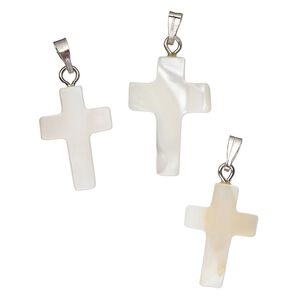 Pendant, mother-of-pearl shell (bleached) / antique silver-finished "pewter" (zinc-based alloy) / steel 1pkg3, 18x13mm-22x16mm single-sided carved cross.