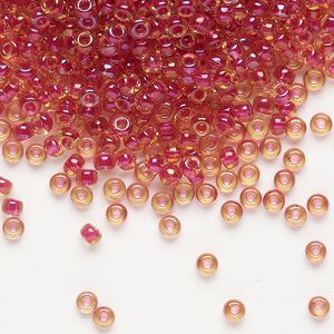 Seed bead, Miyuki, glass, pkg/50g, #8 rocaille, translucent light cranberry-lined luster topaz (RR-363).