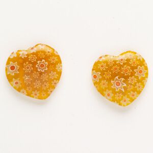 Bead, millefiori glass, translucent orange / red / multicolored, 23-26mm half-drilled puffed heart. Sold per pkg of 2.