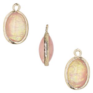 Drop, Opalized Ice&trade;, "opal" (resin) and gold-finished brass, light pink, 16x12mm double-sided oval. Sold per pkg of 4.