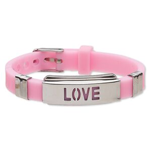 Bracelet, Softique&trade;, silicone and stainless steel, pink, 16mm wide with 39x16mm curved rectangle and cutout "LOVE," adjustable from 5-1/2 to 7-1/2 inches with buckle-style closure. Sold individually.