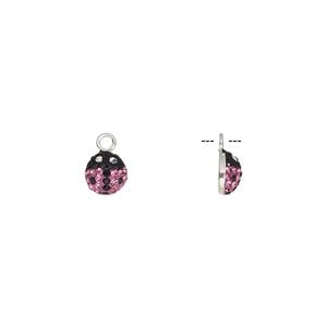 Charm, epoxy / glass / sterling silver, pink / black / clear, 6x6mm single-sided ladybug. Sold individually.