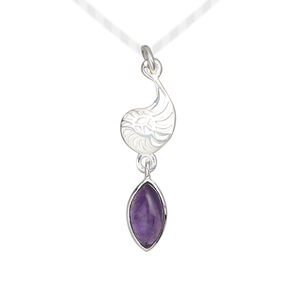 Drop 1pkg1, antiqued sterling silver and amethyst (natural), 26x8mm nautilus