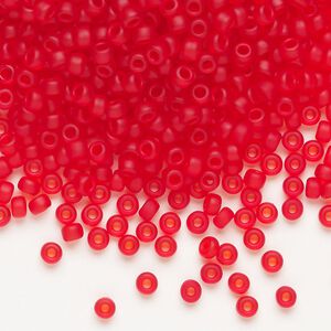 Seed bead, Miyuki, glass, pkg/50g, #8 rocaille, translucent matte red orange (RR-140F).