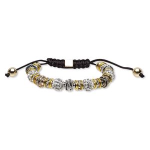 Bracelet, glass rhinestone / enamel / nylon / polymer clay / gold-finished steel / antique gold-finished / brass- / copper- / gold- / antique silver-plated "pewter" (zinc-based alloy), multicolored, 10mm wide, adjustable from 6-1/2 to 8-1/2 inches with macram&eacute; knot closure. Sold individually.