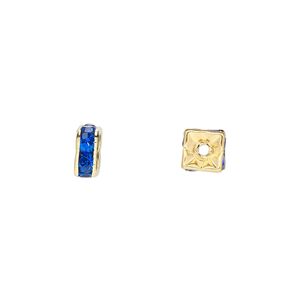 Bead 1pkg10 gold-finished, 6x3mm squaredelle, brass / sapphire blue rhinestone