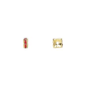 Bead 1pkg10 gold-finished, 4x2mm squaredelle, brass / red rhinestone