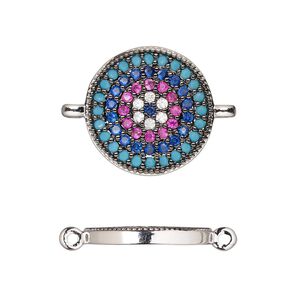 Link, cubic zirconia and silver-finished brass, multicolored, 16mm single-sided round. Sold individually.