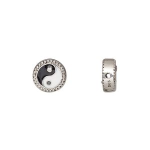 Bead 1pkg1 sterling silver, 10mm round yin-yang / beaded edge, clear cubic zirconia / enamel black & white / antiqued