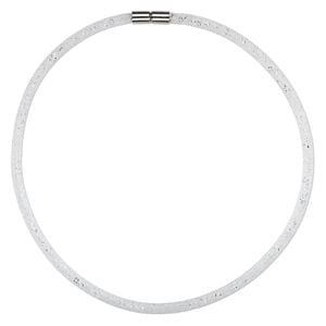 Necklace, nylon / acrylic / imitation rhodium-finished "pewter" (zinc-based alloy), white and clear, 4mm wide mesh, 18 inches with magnetic clasp. Sold individually.