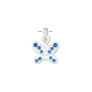 Charm, crystal and sterling silver, blue, 14x12mm butterfly. Sold individually.