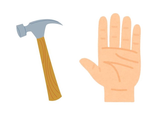 An illustration of a hammer and a hand